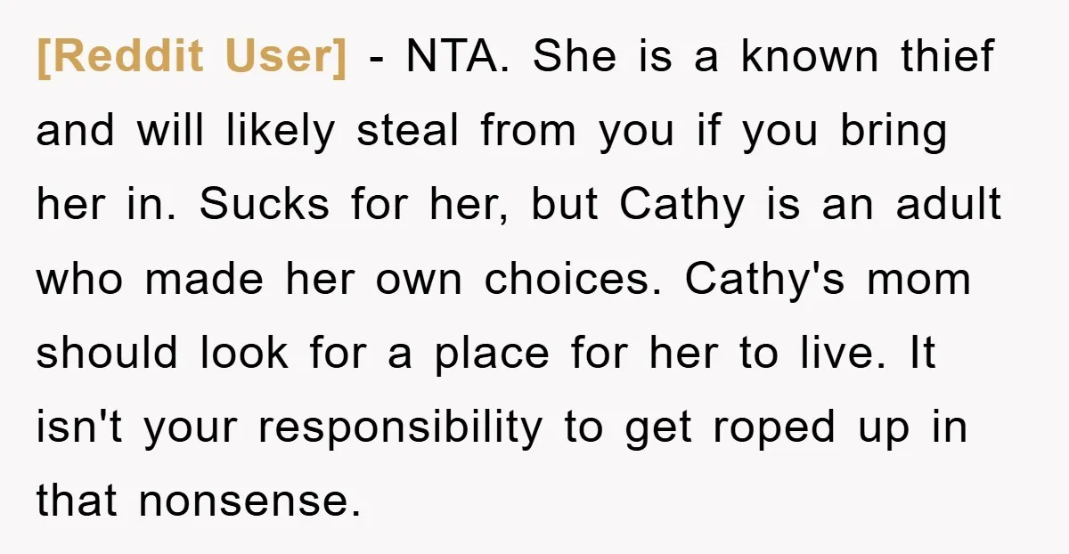 [Reddit User] − NTA. She is a known thief and will likely steal from you if you bring her in. Sucks for her, but Cathy is an adult who made...
