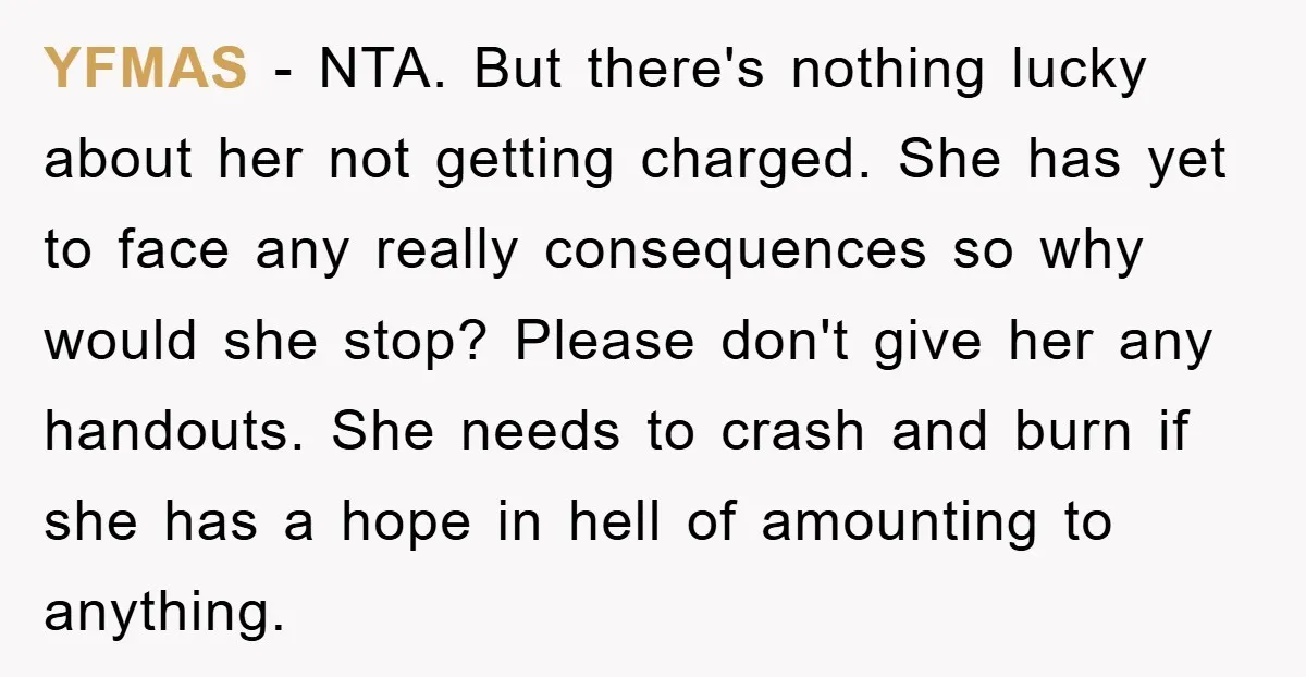 YFMAS − NTA. But there's nothing lucky about her not getting charged. She has yet to face any really consequences so why would she stop? Please don't give her any...