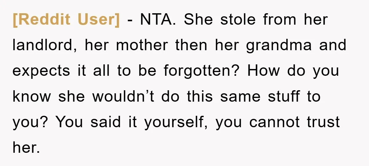 [Reddit User] − NTA. She stole from her landlord, her mother then her grandma and expects it all to be forgotten? How do you know she wouldn’t do this same...