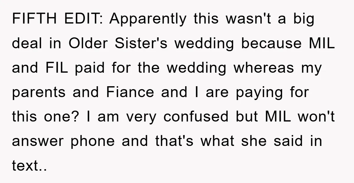 FIFTH EDIT: Apparently this wasn't a big deal in Older Sister's wedding because MIL and FIL paid for the wedding whereas my parents and Fiance and I are paying for...