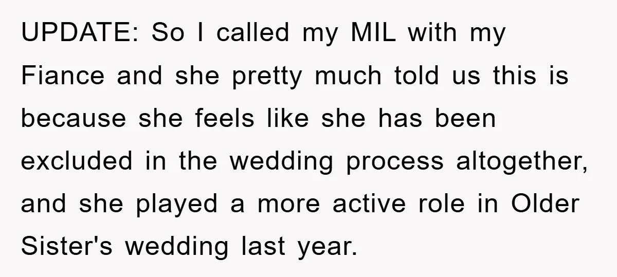 UPDATE: So I called my MIL with my Fiance and she pretty much told us this is because she feels like she has been excluded in the wedding process altogether,...