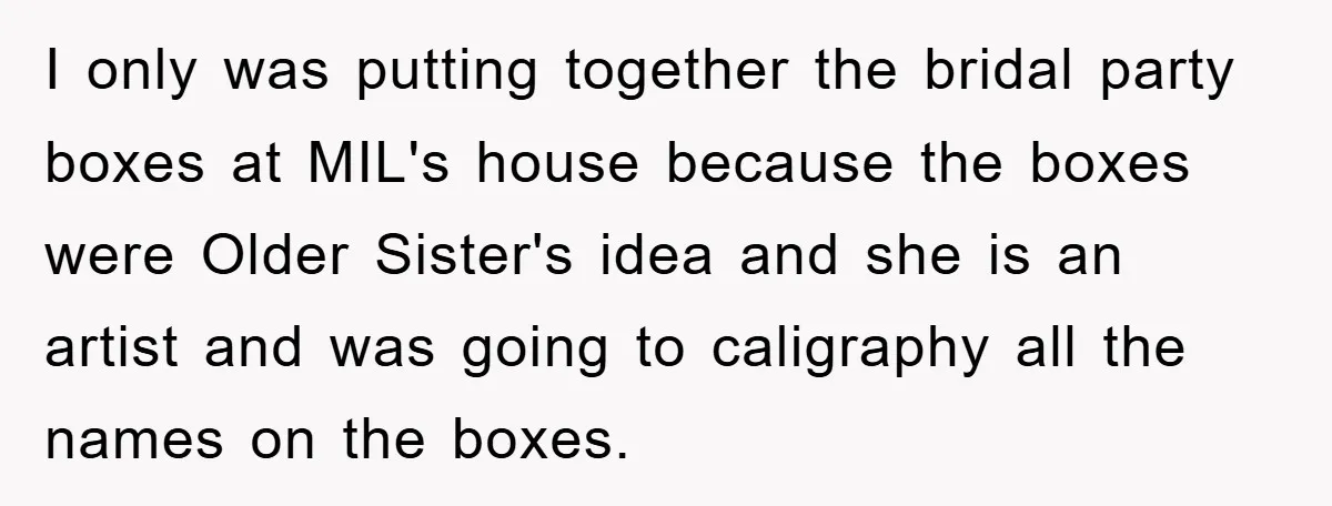 I only was putting together the bridal party boxes at MIL's house because the boxes were Older Sister's idea and she is an artist and was going to caligraphy all...