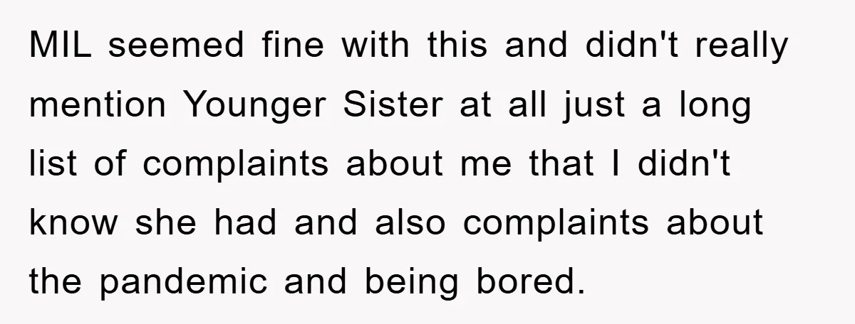 MIL seemed fine with this and didn't really mention Younger Sister at all just a long list of complaints about me that I didn't know she had and also complaints...