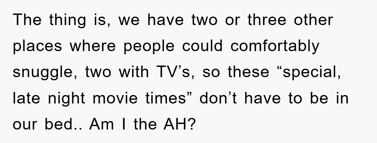 The thing is, we have two or three other places where people could comfortably snuggle, two with TV’s, so these “special, late night movie times” don’t have to be in...