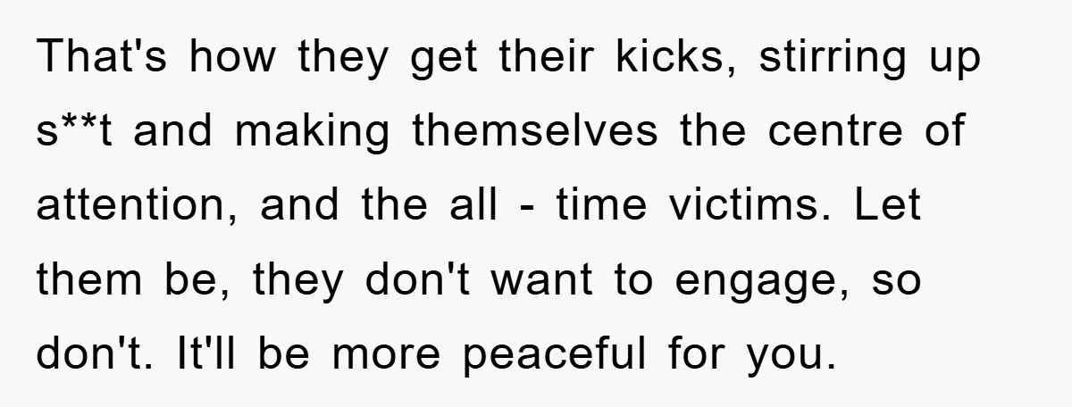 That's how they get their kicks, stirring up s**t and making themselves the centre of attention, and the all - time victims. Let them be, they don't want to engage,...