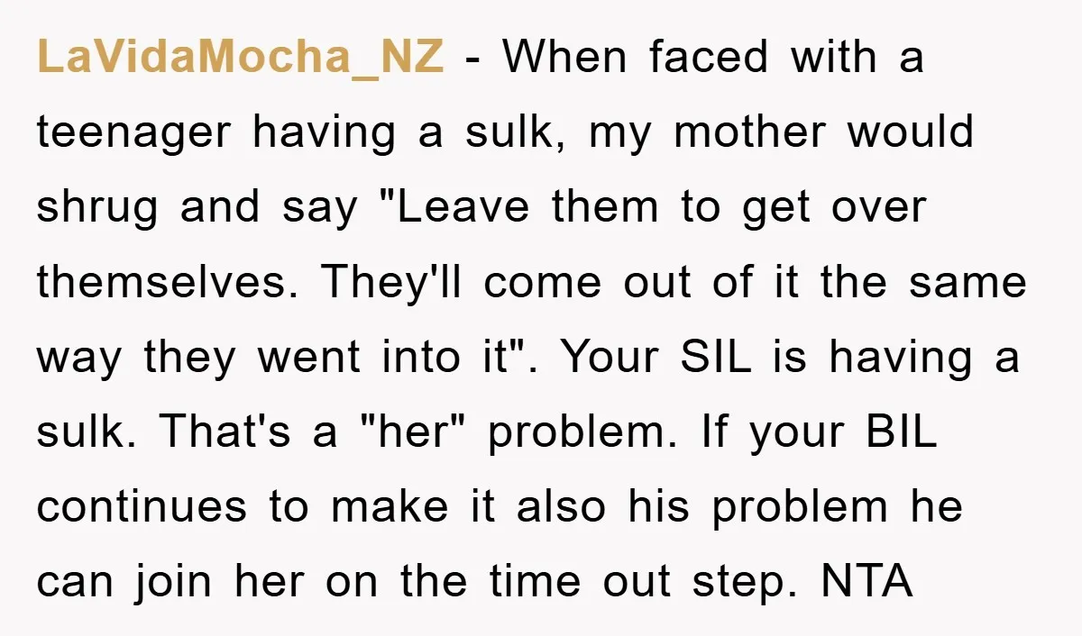 LaVidaMocha_NZ − When faced with a teenager having a sulk, my mother would shrug and say "Leave them to get over themselves. They'll come out of it the same way...