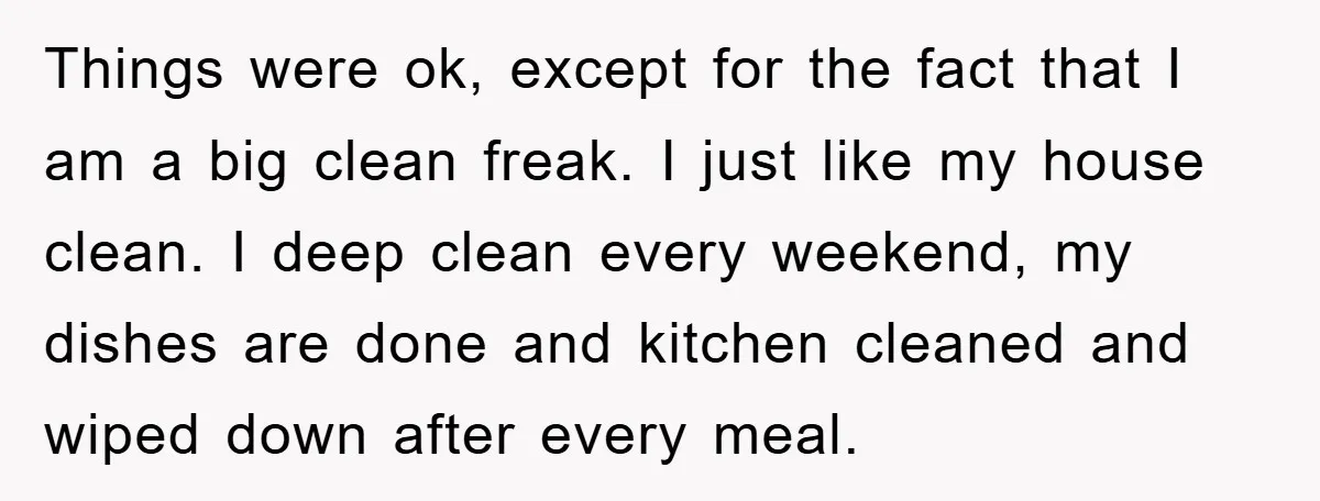 Things were ok, except for the fact that I am a big clean freak. I just like my house clean. I deep clean every weekend, my dishes are done and...