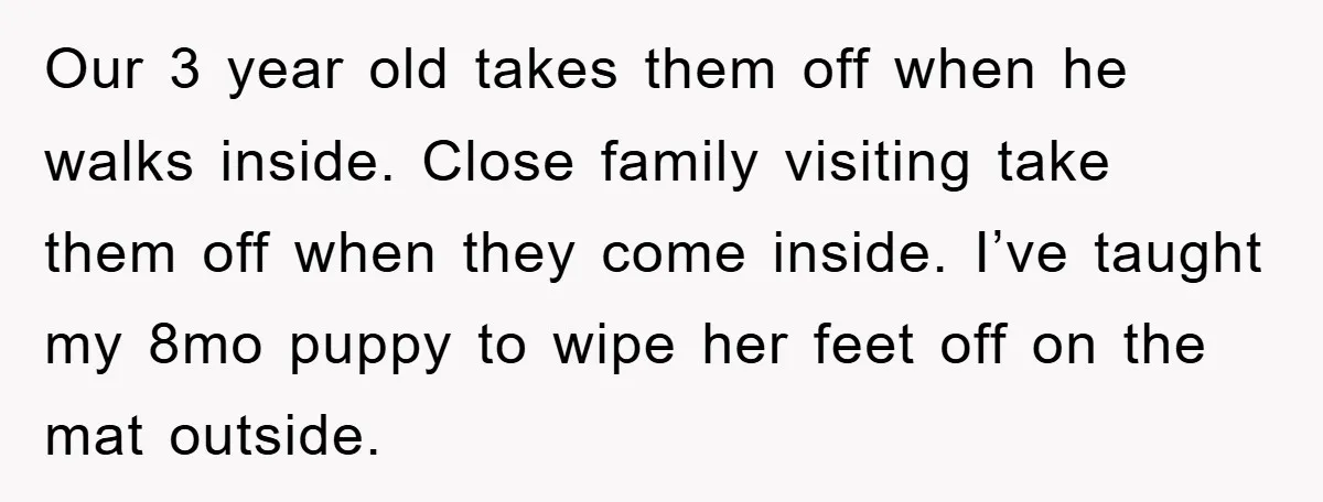 Our 3 year old takes them off when he walks inside. Close family visiting take them off when they come inside. I’ve taught my 8mo puppy to wipe her feet...