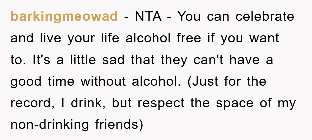 barkingmeowad − NTA - You can celebrate and live your life alcohol free if you want to. It's a little sad that they can't have a good time without alcohol....