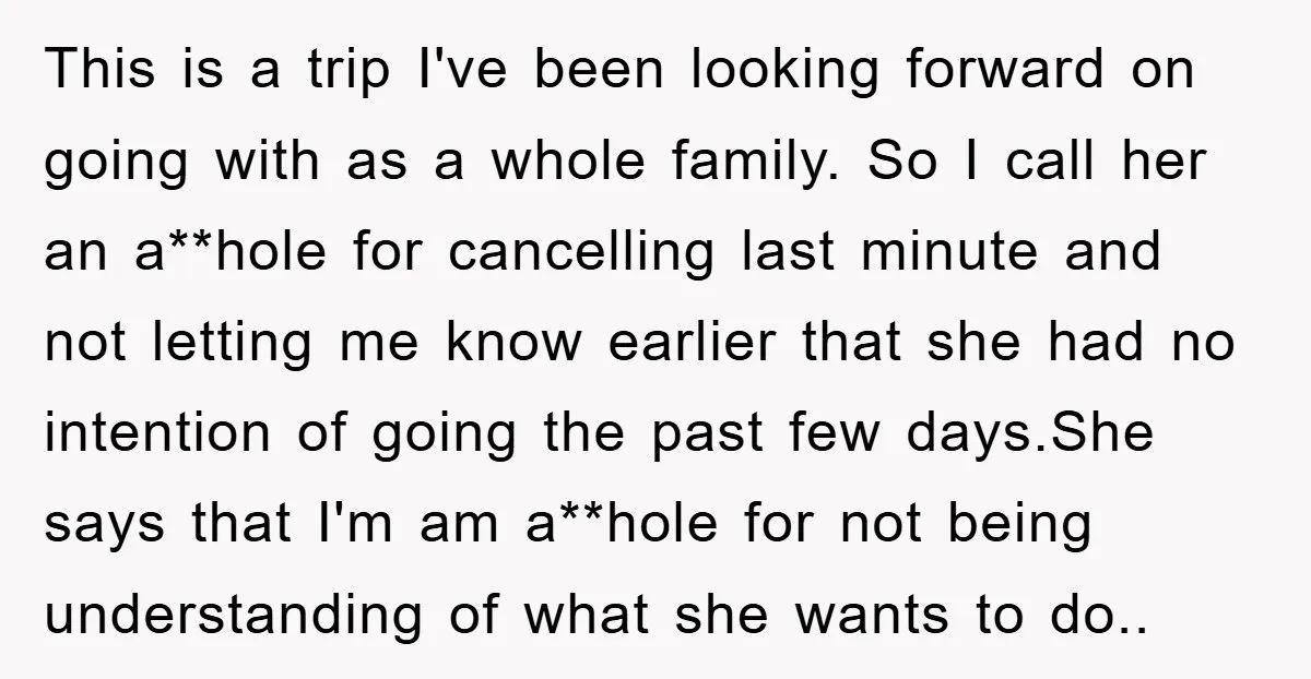 This is a trip I've been looking forward on going with as a whole family. So I call her an a**hole for cancelling last minute and not letting me know...