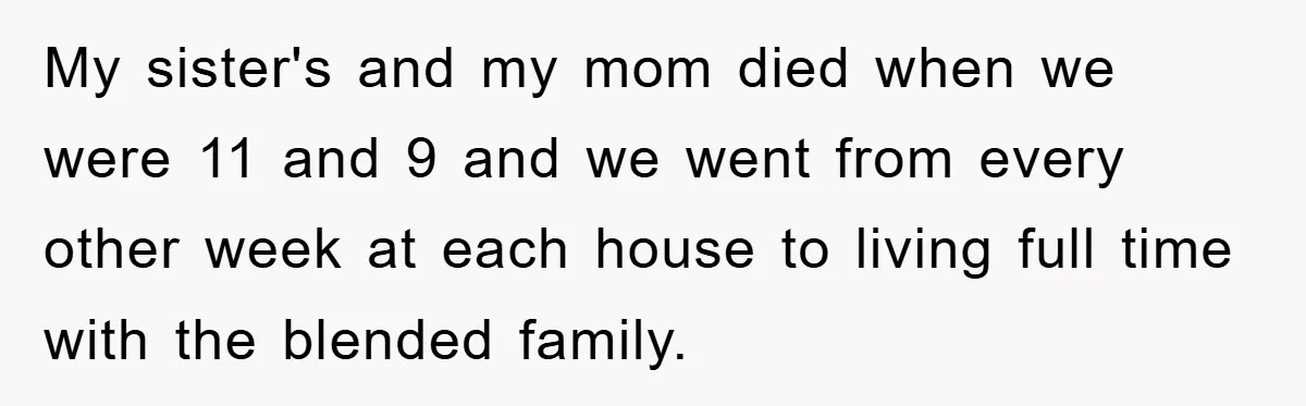 My sister's and my mom died when we were 11 and 9 and we went from every other week at each house to living full time with the blended family.