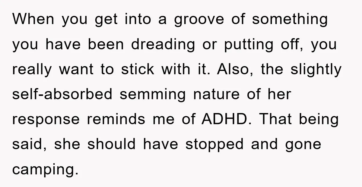 When you get into a groove of something you have been dreading or putting off, you really want to stick with it. Also, the slightly self-absorbed semming nature of her...