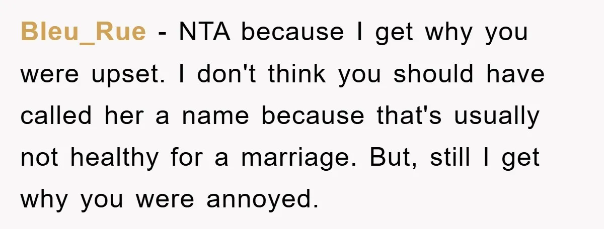 Bleu_Rue − NTA because I get why you were upset. I don't think you should have called her a name because that's usually not healthy for a marriage. But, still...