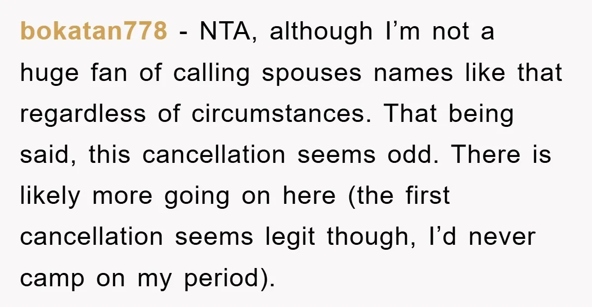 bokatan778 − NTA, although I’m not a huge fan of calling spouses names like that regardless of circumstances. That being said, this cancellation seems odd. There is likely more going...