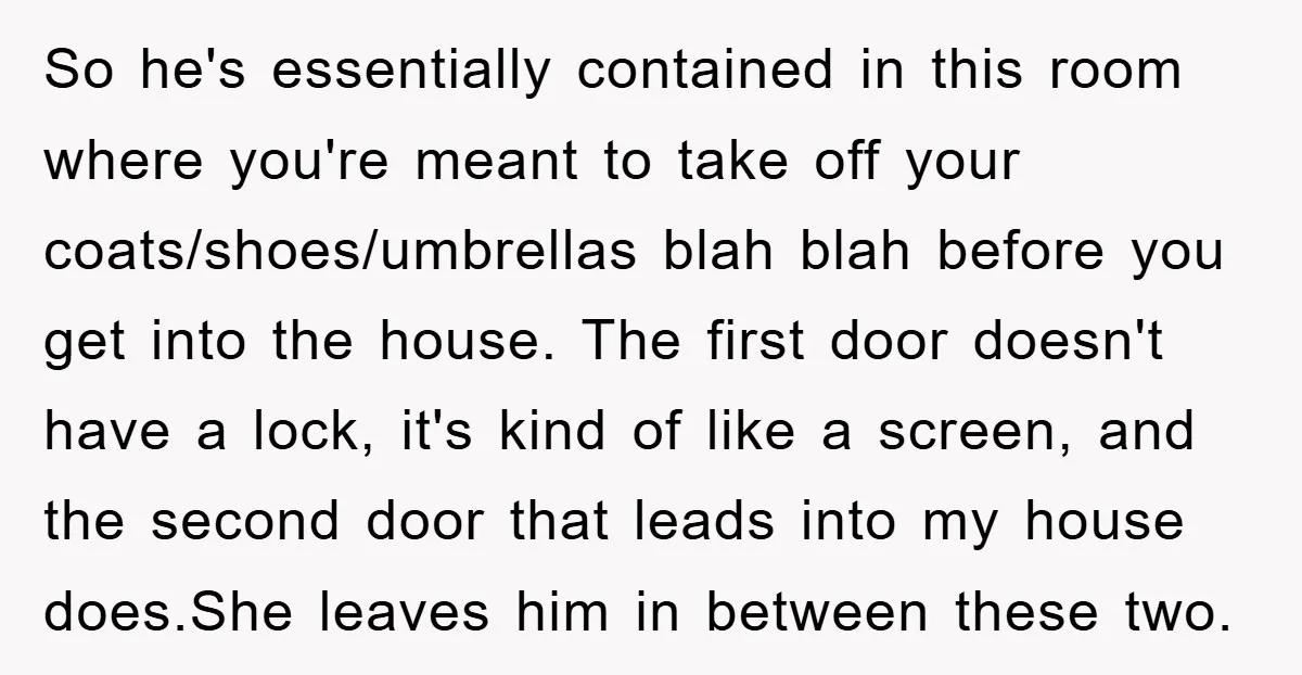 So he's essentially contained in this room where you're meant to take off your coats/shoes/umbrellas blah blah before you get into the house. The first door doesn't have a lock,...