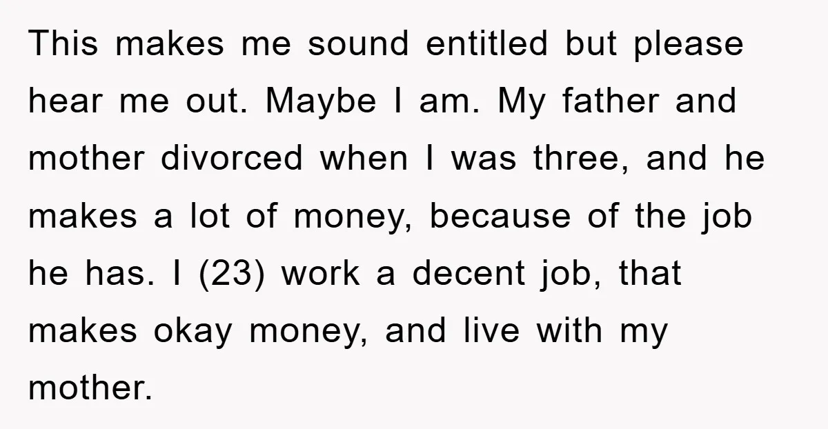 This makes me sound entitled but please hear me out. Maybe I am. My father and mother divorced when I was three, and he makes a lot of money, because...