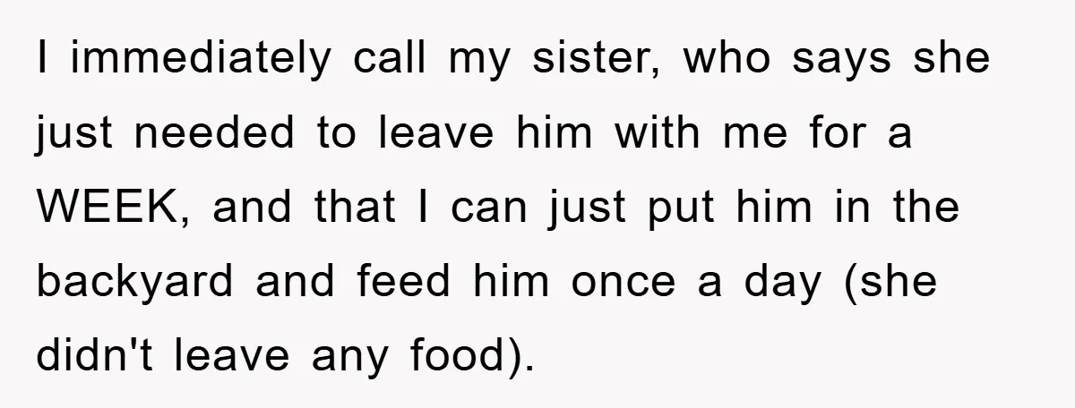 I immediately call my sister, who says she just needed to leave him with me for a WEEK, and that I can just put him in the backyard and feed...
