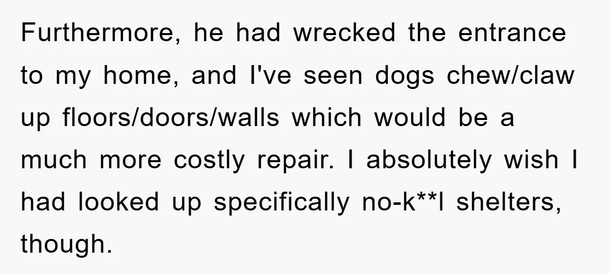 Furthermore, he had wrecked the entrance to my home, and I've seen dogs chew/claw up floors/doors/walls which would be a much more costly repair. I absolutely wish I had looked...