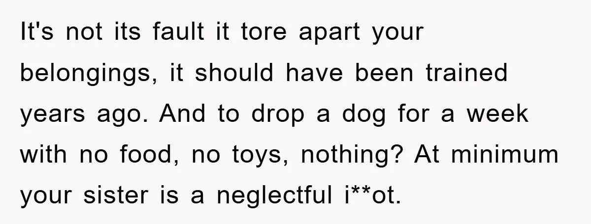 It's not its fault it tore apart your belongings, it should have been trained years ago. And to drop a dog for a week with no food, no toys, nothing?...
