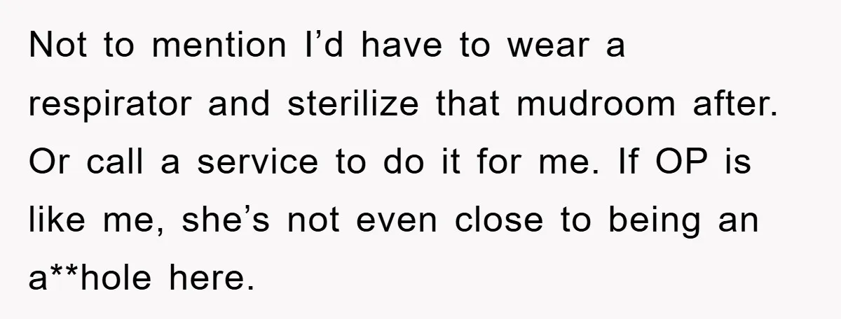 Not to mention I’d have to wear a respirator and sterilize that mudroom after. Or call a service to do it for me. If OP is like me, she’s not...