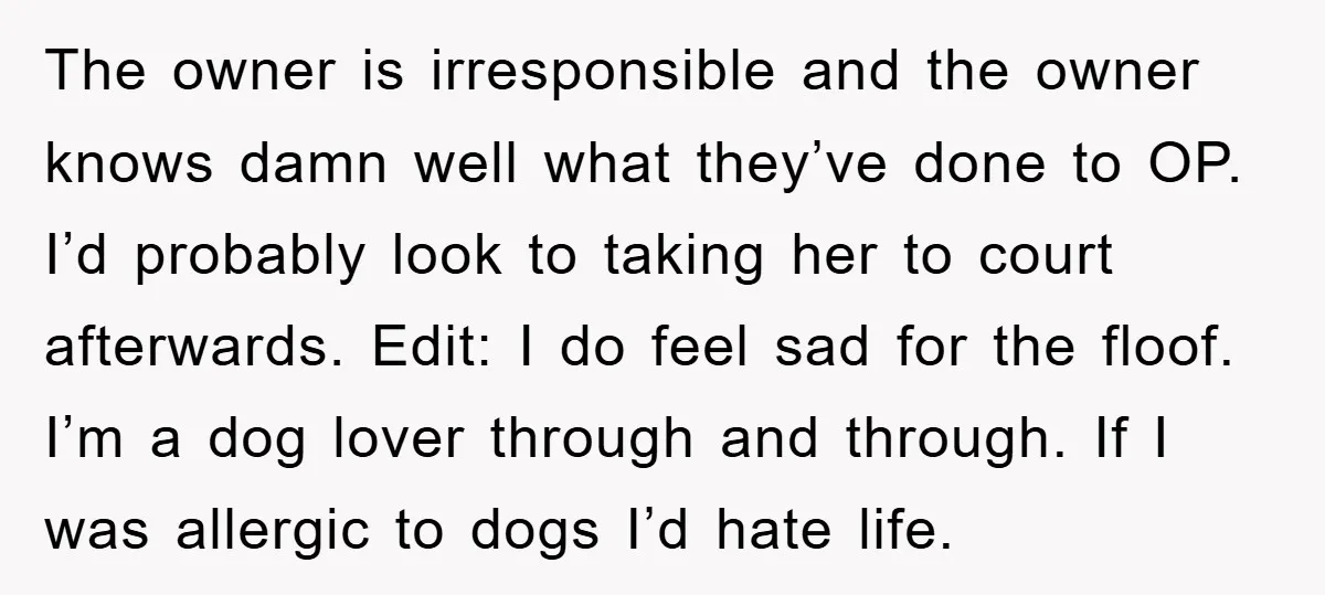 The owner is irresponsible and the owner knows damn well what they’ve done to OP. I’d probably look to taking her to court afterwards. Edit: I do feel sad for...