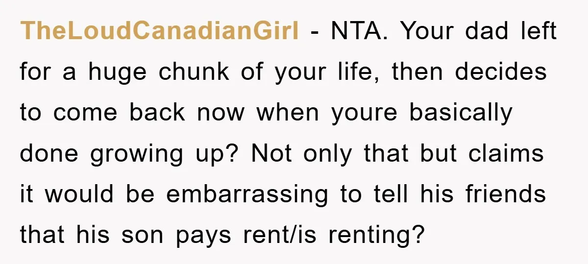 TheLoudCanadianGirl - NTA. Your dad left for a huge chunk of your life, then decides to come back now when youre basically done growing up? Not only that but claims...