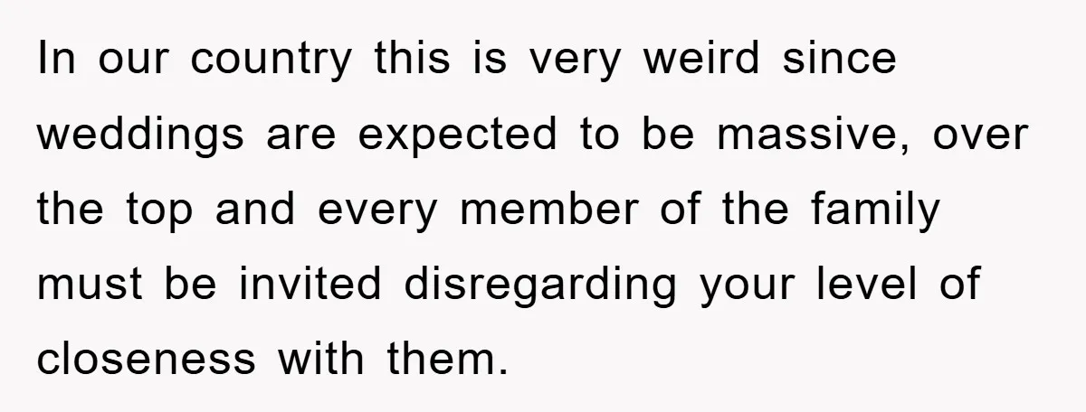 In our country this is very weird since weddings are expected to be massive, over the top and every member of the family must be invited disregarding your level of...