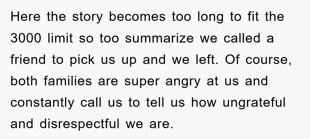 Here the story becomes too long to fit the 3000 limit so too summarize we called a friend to pick us up and we left. Of course, both families are...