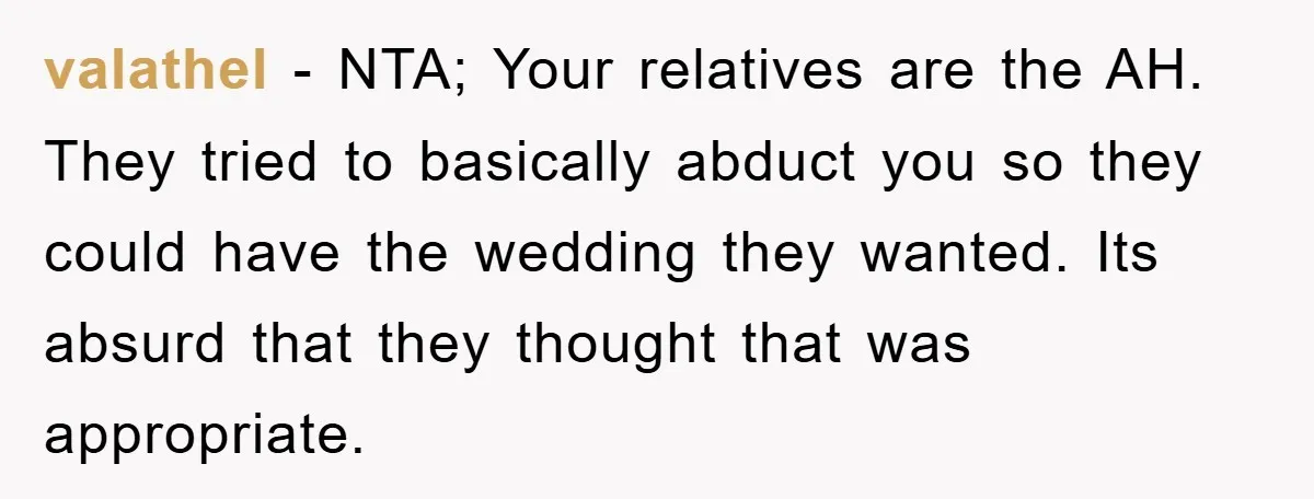 valathel − NTA; Your relatives are the AH. They tried to basically abduct you so they could have the wedding they wanted. Its absurd that they thought that was appropriate.