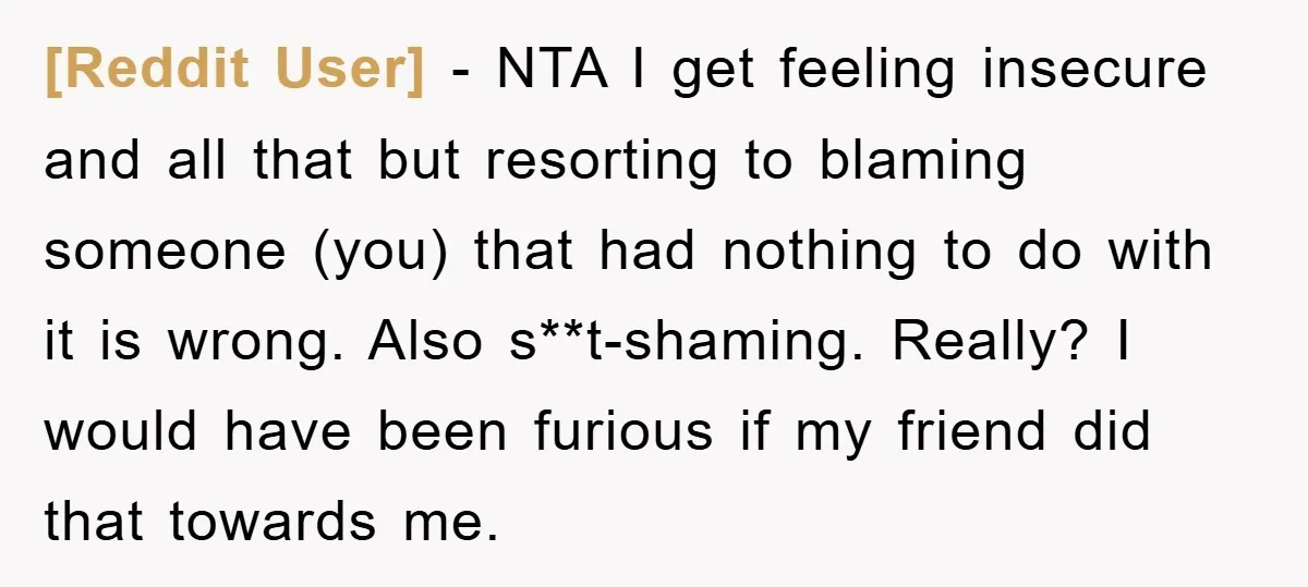 [Reddit User] − NTA I get feeling insecure and all that but resorting to blaming someone (you) that had nothing to do with it is wrong. Also s**t-shaming. Really? I...