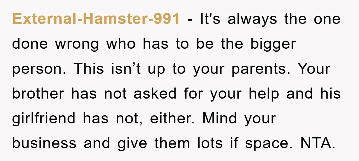 External-Hamster-991 − It's always the one done wrong who has to be the bigger person. This isn’t up to your parents. Your brother has not asked for your help and...