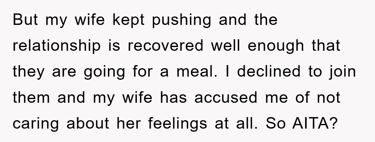 But my wife kept pushing and the relationship is recovered well enough that they are going for a meal. I declined to join them and my wife has accused me...