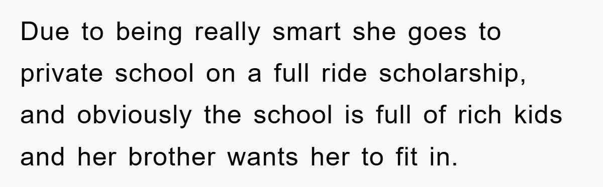 Due to being really smart she goes to private school on a full ride scholarship, and obviously the school is full of rich kids and her brother wants her to...