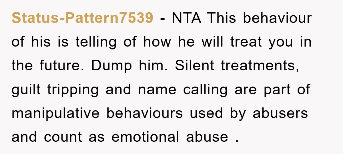 Status-Pattern7539 − NTA This behaviour of his is telling of how he will treat you in the future. Dump him. Silent treatments, guilt tripping and name calling are part of...