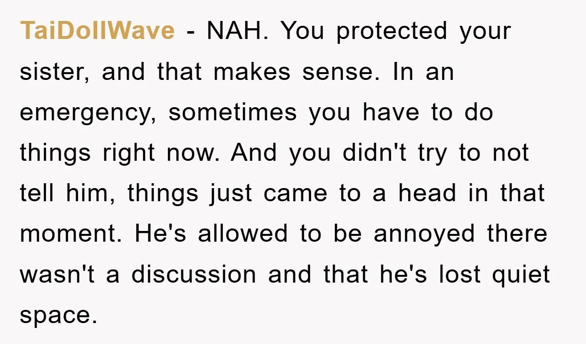 TaiDollWave − NAH. You protected your sister, and that makes sense. In an emergency, sometimes you have to do things right now. And you didn't try to not tell him,...