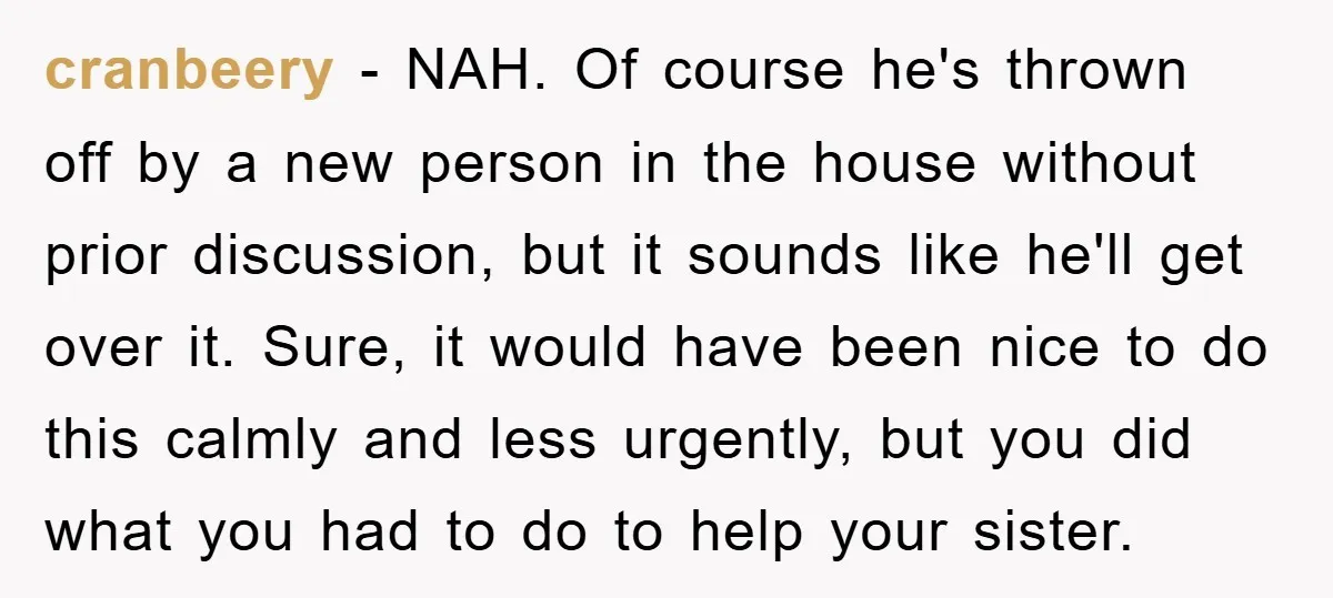 cranbeery − NAH. Of course he's thrown off by a new person in the house without prior discussion, but it sounds like he'll get over it. Sure, it would have...