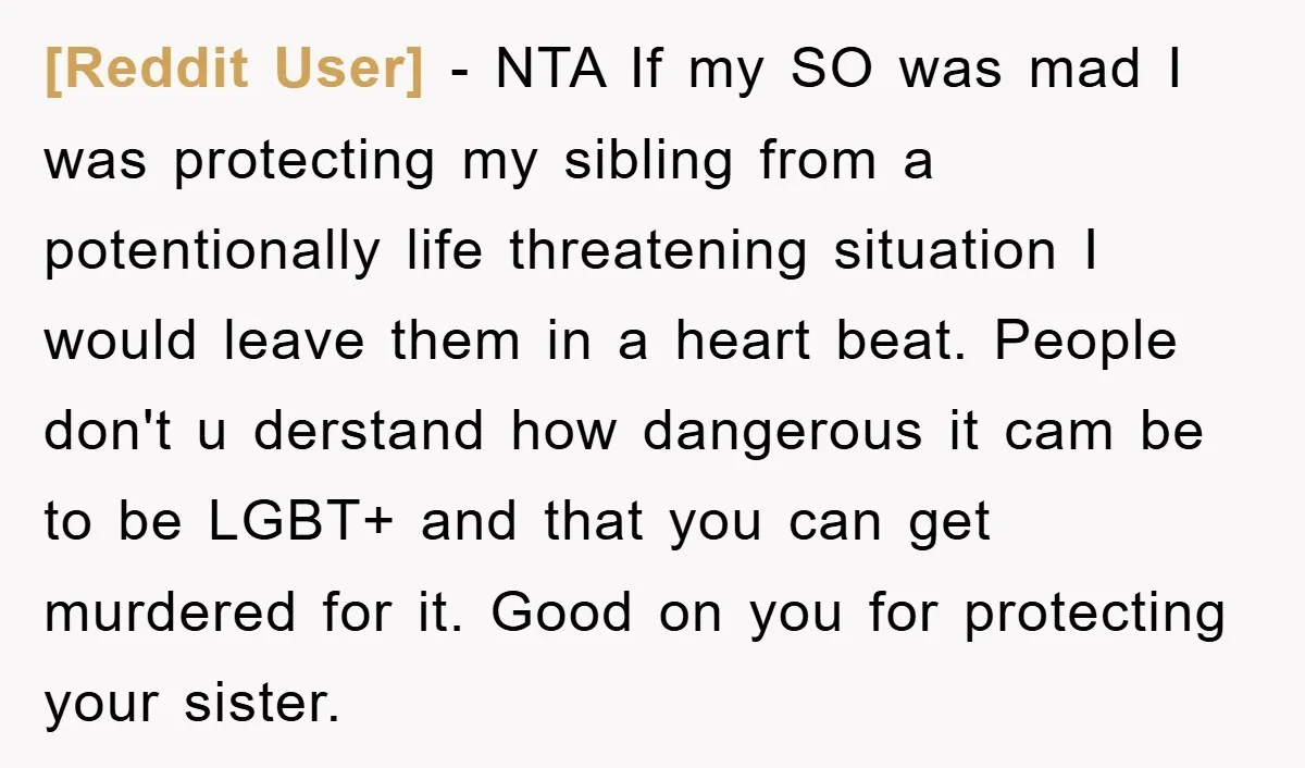 [Reddit User] − NTA If my SO was mad I was protecting my sibling from a potentionally life threatening situation I would leave them in a heart beat. People don't...