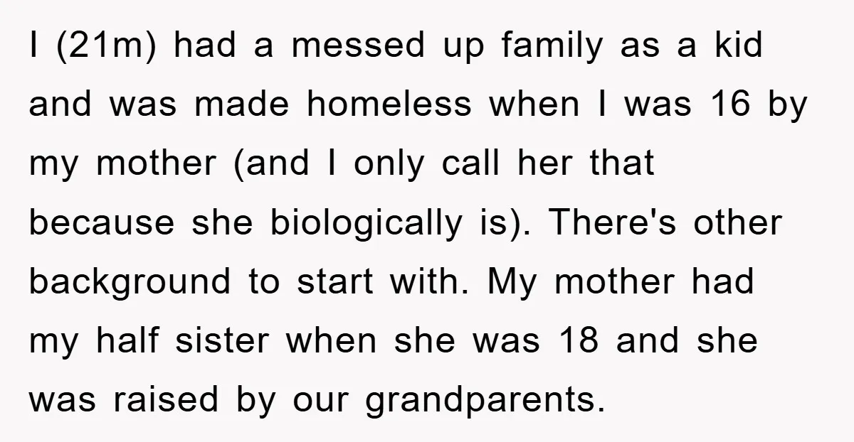 I (21m) had a messed up family as a kid and was made homeless when I was 16 by my mother (and I only call her that because she biologically...