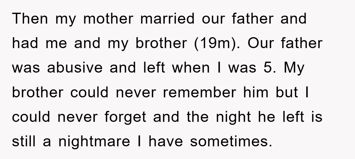 Then my mother married our father and had me and my brother (19m). Our father was abusive and left when I was 5. My brother could never remember him but...
