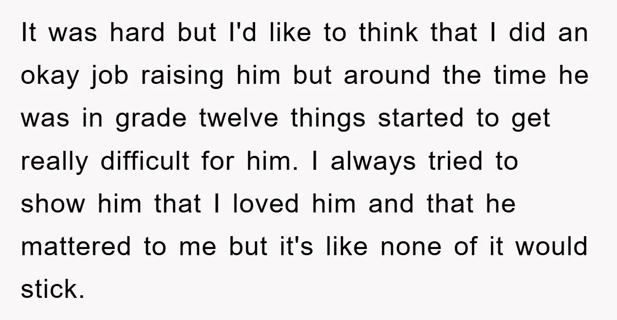 It was hard but I'd like to think that I did an okay job raising him but around the time he was in grade twelve things started to get really...