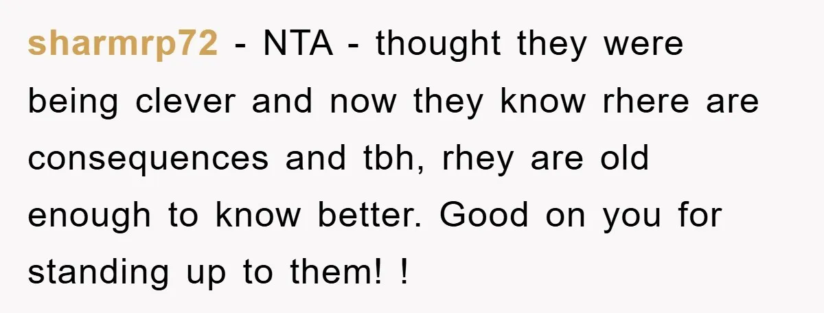 sharmrp72 − NTA - thought they were being clever and now they know rhere are consequences and tbh, rhey are old enough to know better. Good on you for standing...
