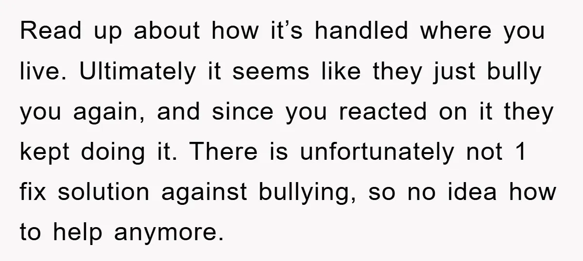 Read up about how it’s handled where you live. Ultimately it seems like they just bully you again, and since you reacted on it they kept doing it. There is...