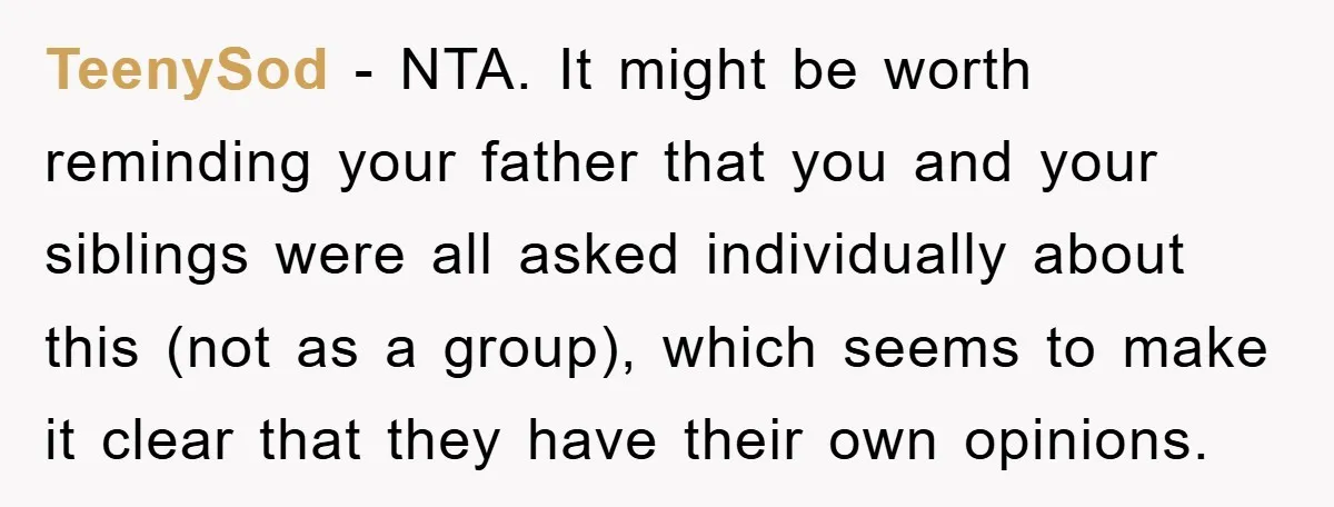 TeenySod - NTA. It might be worth reminding your father that you and your siblings were all asked individually about this (not as a group), which seems to make it...