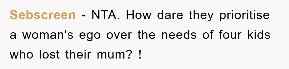 Sebscreen - NTA. How dare they prioritise a woman's ego over the needs of four kids who lost their mum? !