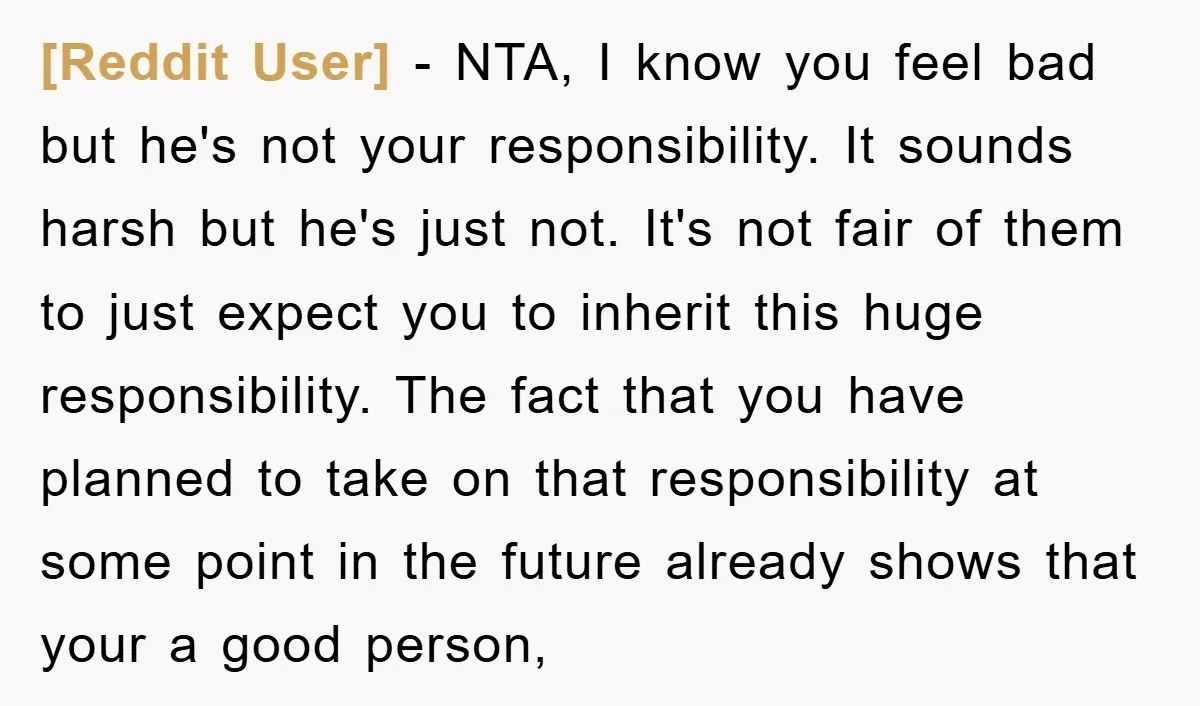 [Reddit User] − NTA, I know you feel bad but he's not your responsibility. It sounds harsh but he's just not. It's not fair of them to just expect you...