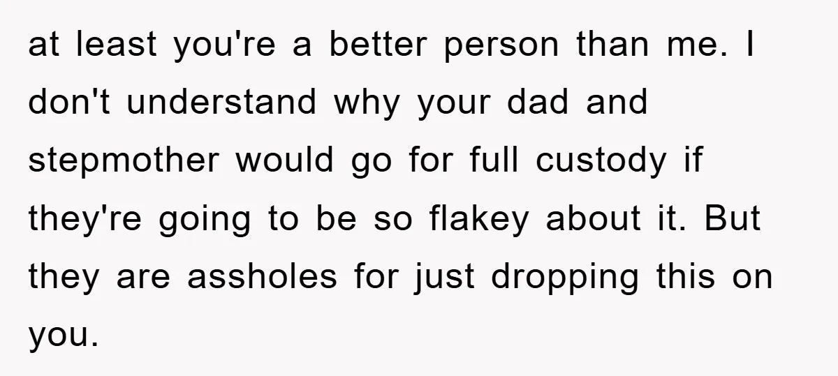 at least you're a better person than me. I don't understand why your dad and stepmother would go for full custody if they're going to be so flakey about it....
