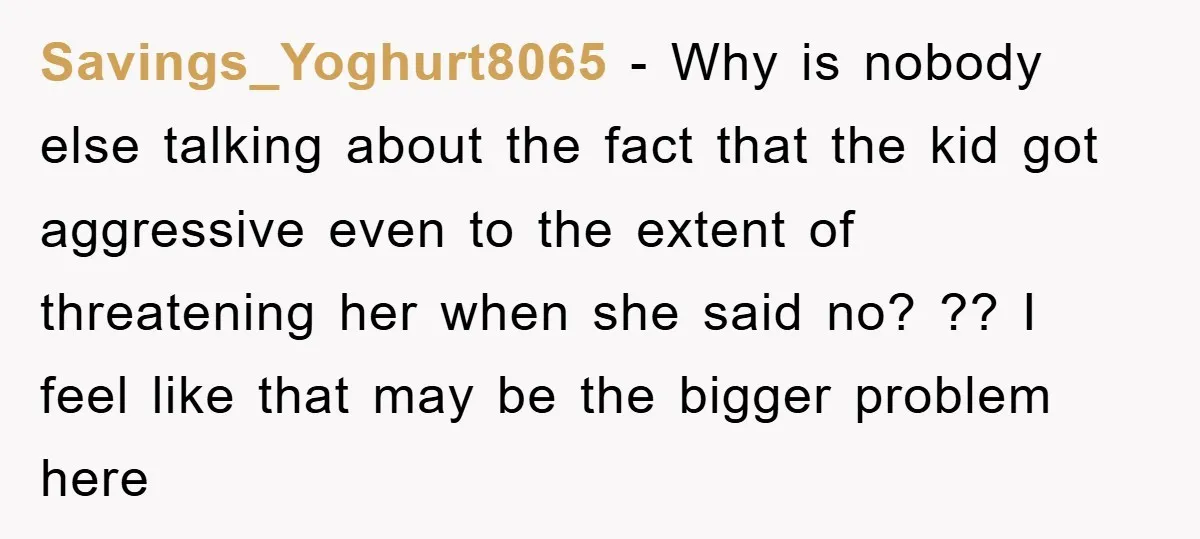 Savings_Yoghurt8065 − Why is nobody else talking about the fact that the kid got aggressive even to the extent of threatening her when she said no? ?? I feel like...