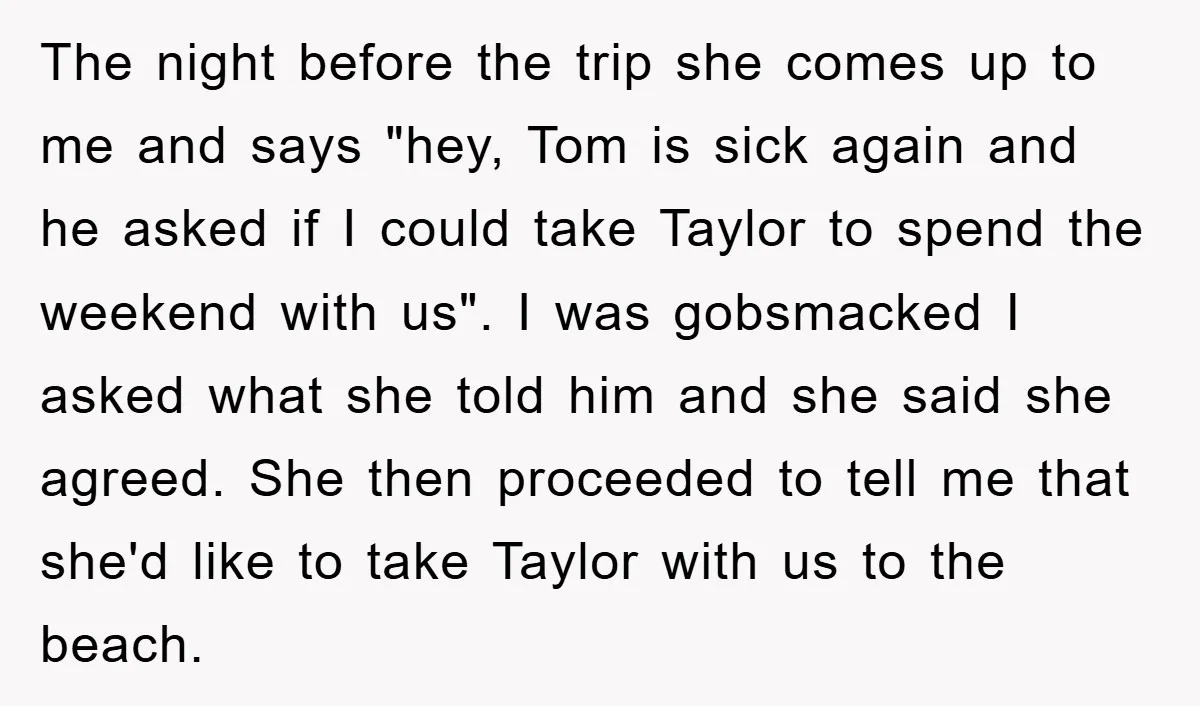 The night before the trip she comes up to me and says "hey, Tom is sick again and he asked if I could take Taylor to spend the weekend with...