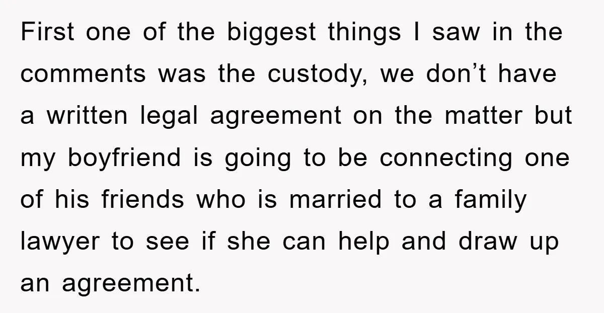 First one of the biggest things I saw in the comments was the custody, we don’t have a written legal agreement on the matter but my boyfriend is going to...
