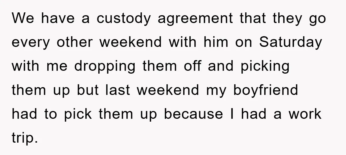 We have a custody agreement that they go every other weekend with him on Saturday with me dropping them off and picking them up but last weekend my boyfriend had...